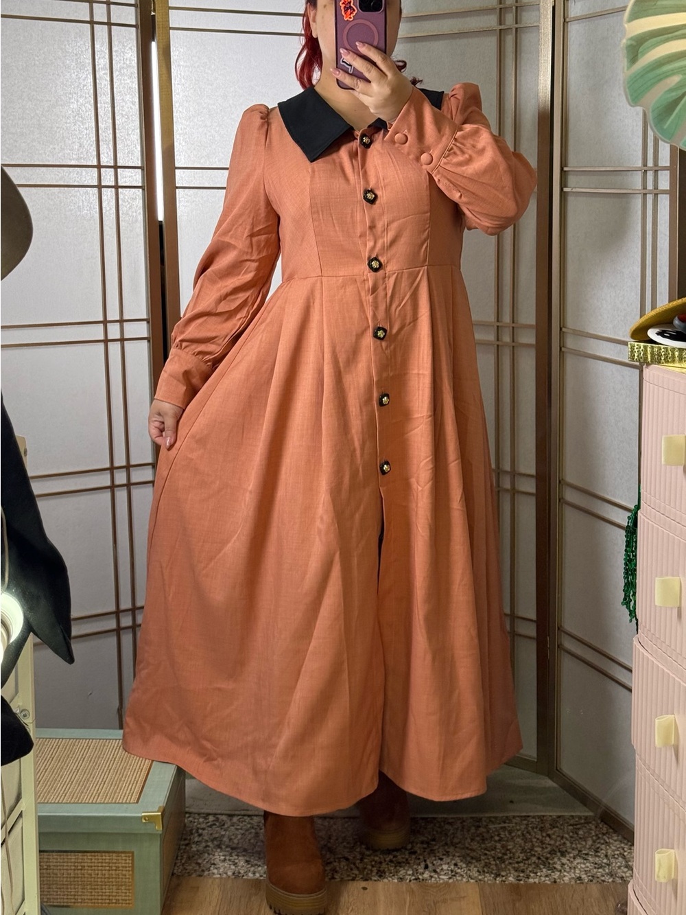 SHEIN Rust Maxi Dress with Black Contrast Collar